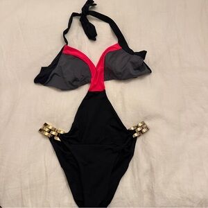 Beach Bunny Bronze Cut-Out One-Piece Swimsuit | Gold Hardware | Black & Red